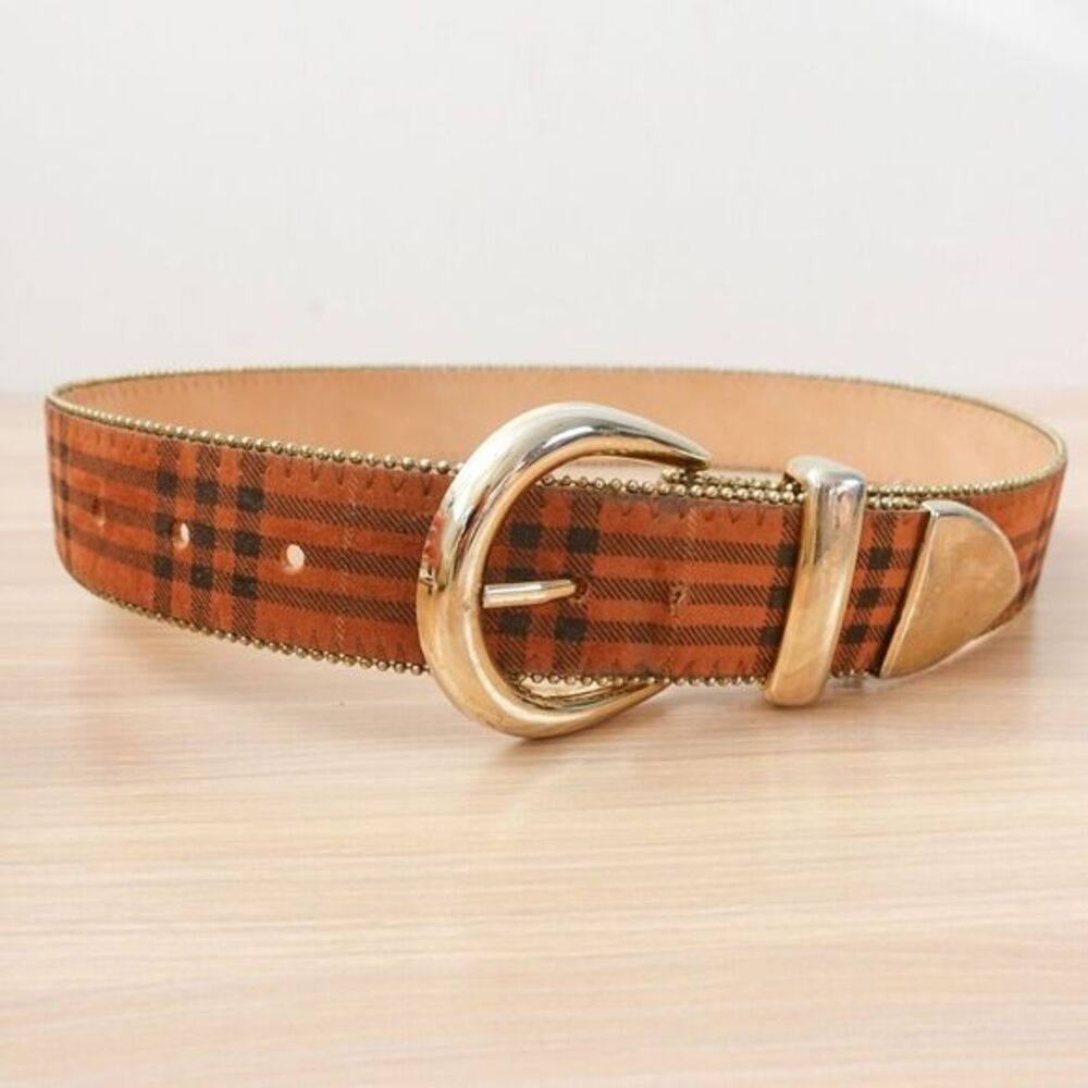 VINTAGE Belt Womens XS Plaid Brown Leather Embossed Faux Gold Buckle Fashion 80s